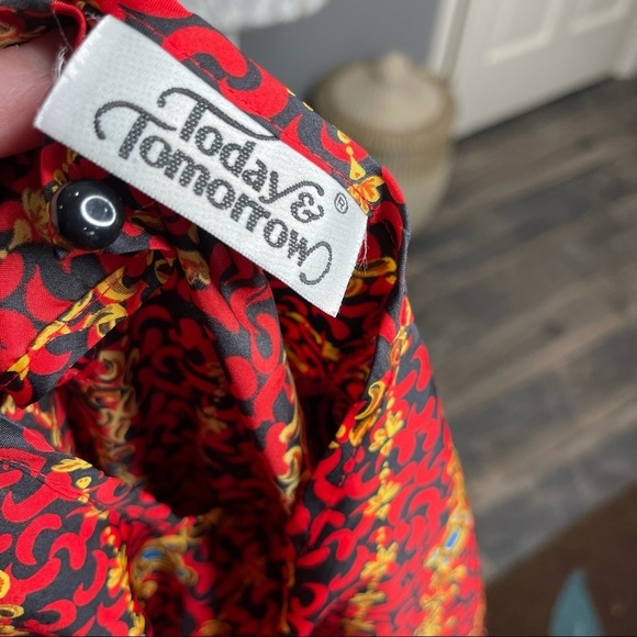 Vintage Blouse Jewel Chain Print Secretary Granny floral Red 80s 90s Small - Picture 3 of 3